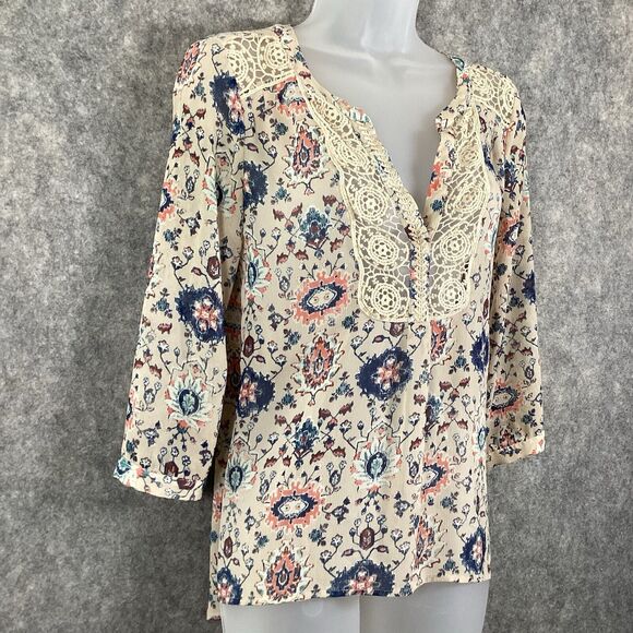 Maeve Stillwater Blouse Henley Top Size *Medium Neutral Motif ANTHROPOLOGIE BOHO - Picture 4 of 16